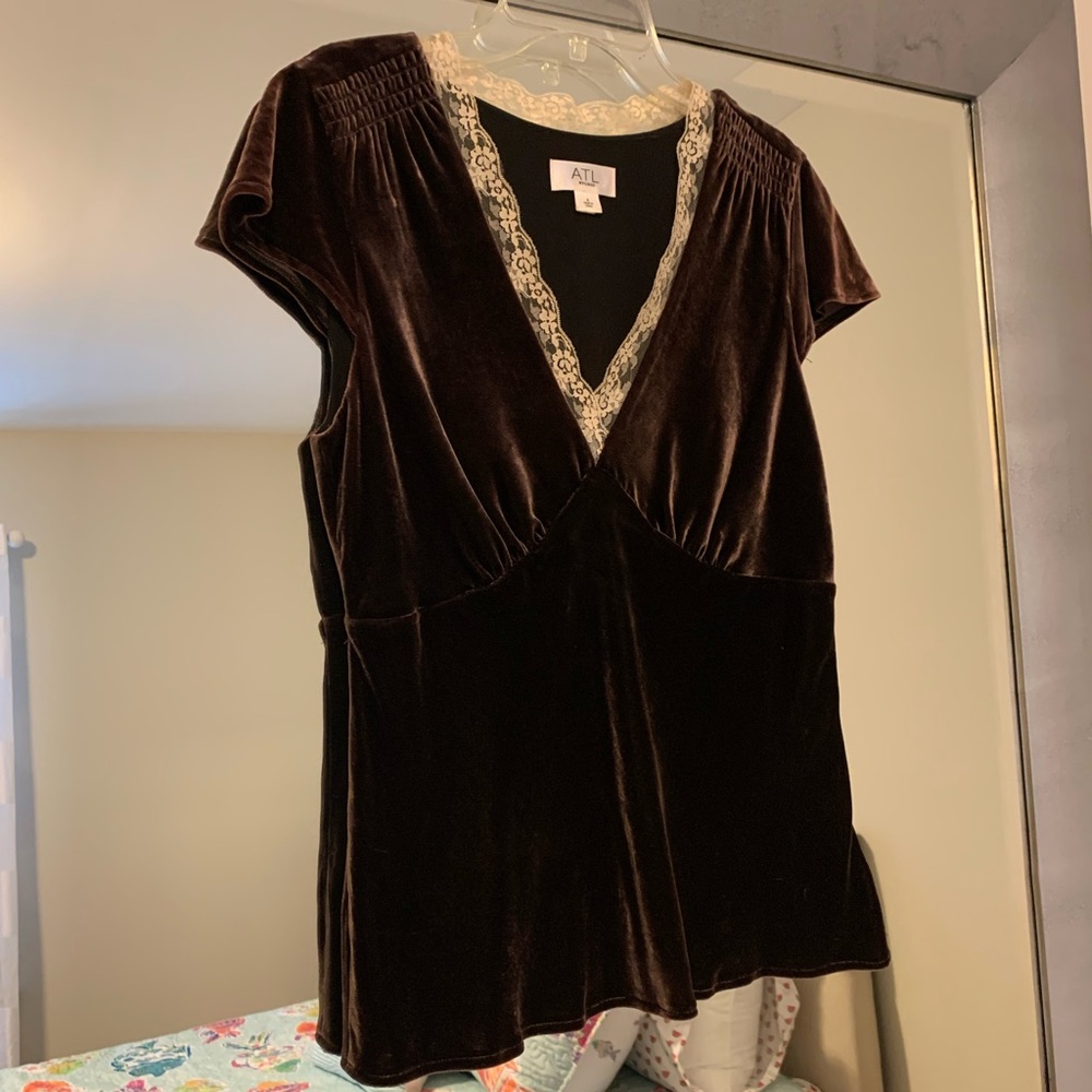 Ann Taylor Loft Brown/Beige Velvet & Lace V-neck
